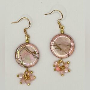 Pink & Gold Marble Dangle Earrings with Pink Shell Beads